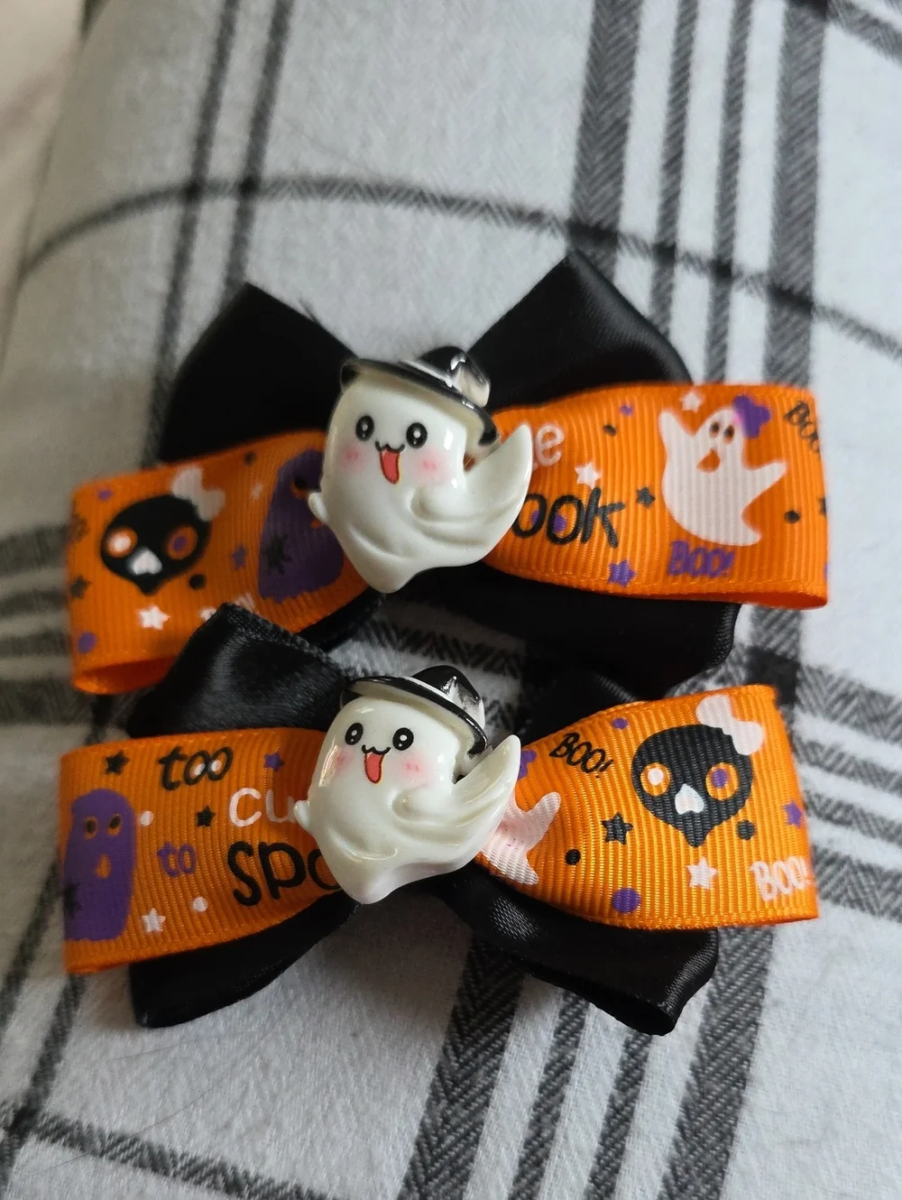 Halloween Ghost Bow Hair Clips for Kids - Orange & Black